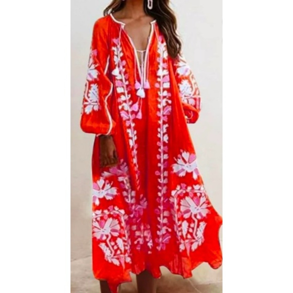 Misslook Red Floral Boho Maxi Dress Kaftan Tassels Cover Up Medium Resortwear